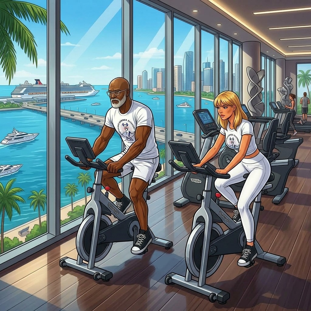 6 Ways to Love Cardio! Two ESF coaches on stationary bikes at a Miami condo gym. 