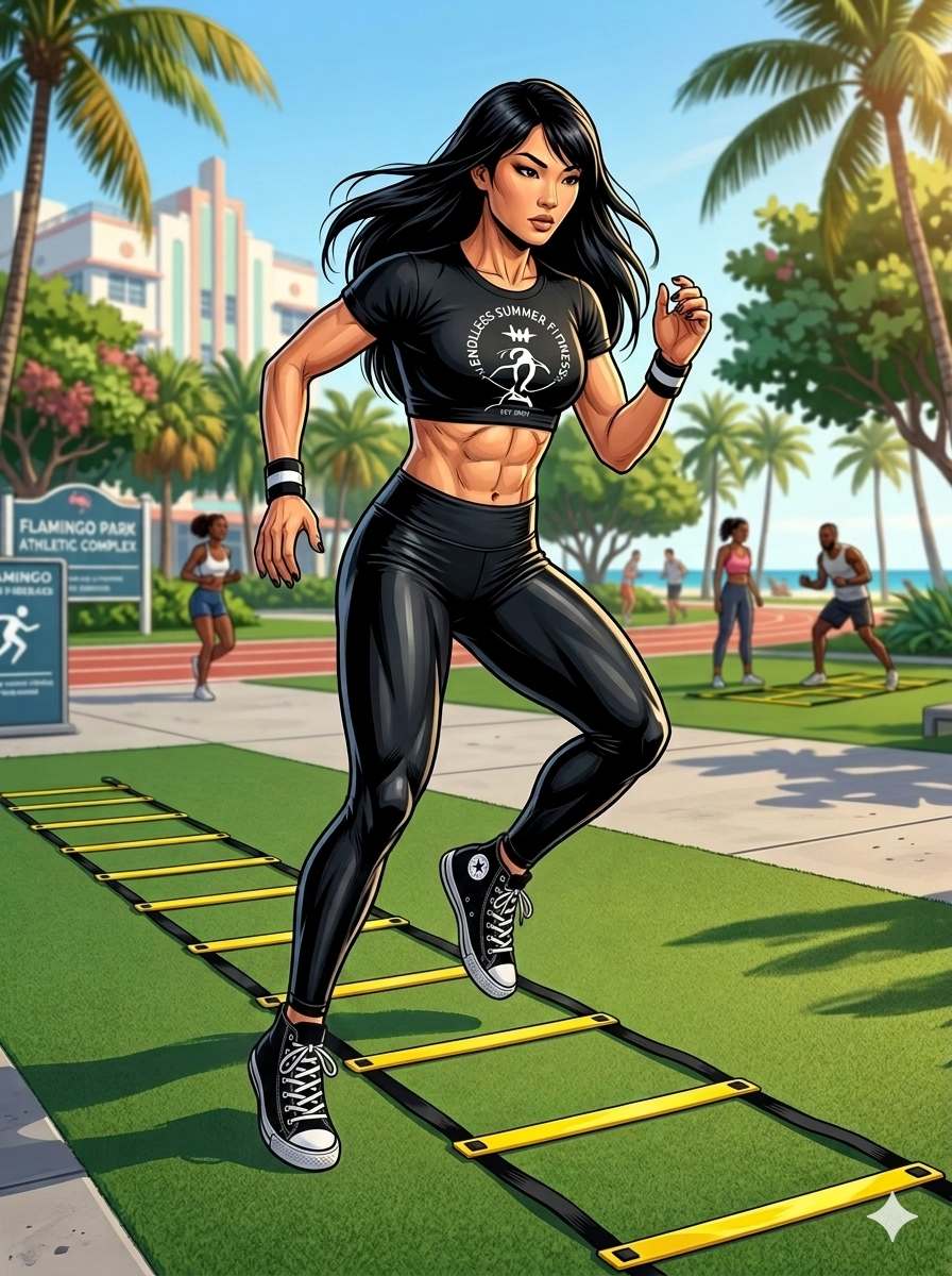 Agility Ladder. An ESF coach performing the exercise in an outdoor Miami park. 