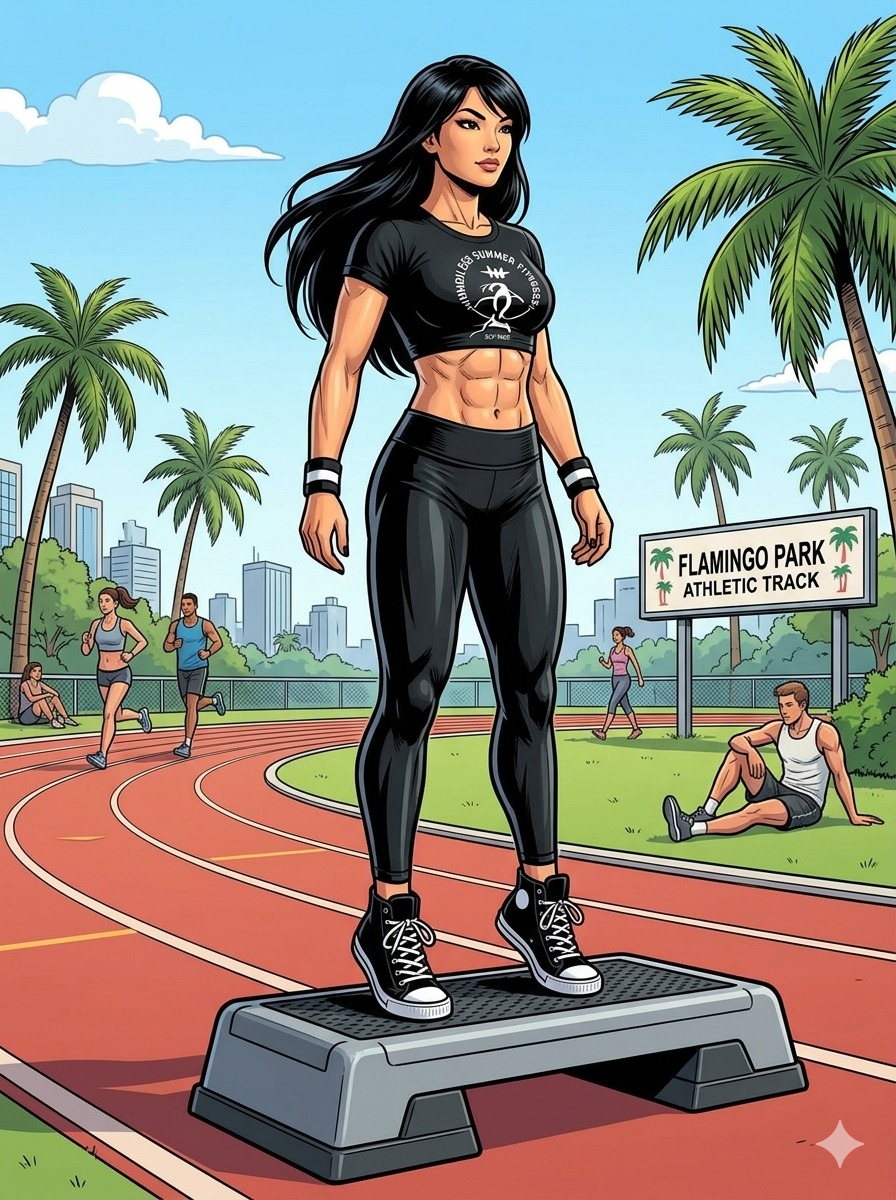 Comic‑style illustration of an athletic East Asian woman with long black hair performing a calf raise on a raised exercise step box. She wears a black “Endless Summer Fitness” crop top, black leggings, and black high‑top sneakers. Both feet are fully on the box with heels lifted high. The scene is set outdoors at the sunny Flamingo Park athletic track, drawn in vibrant comic‑book colors and line art.
