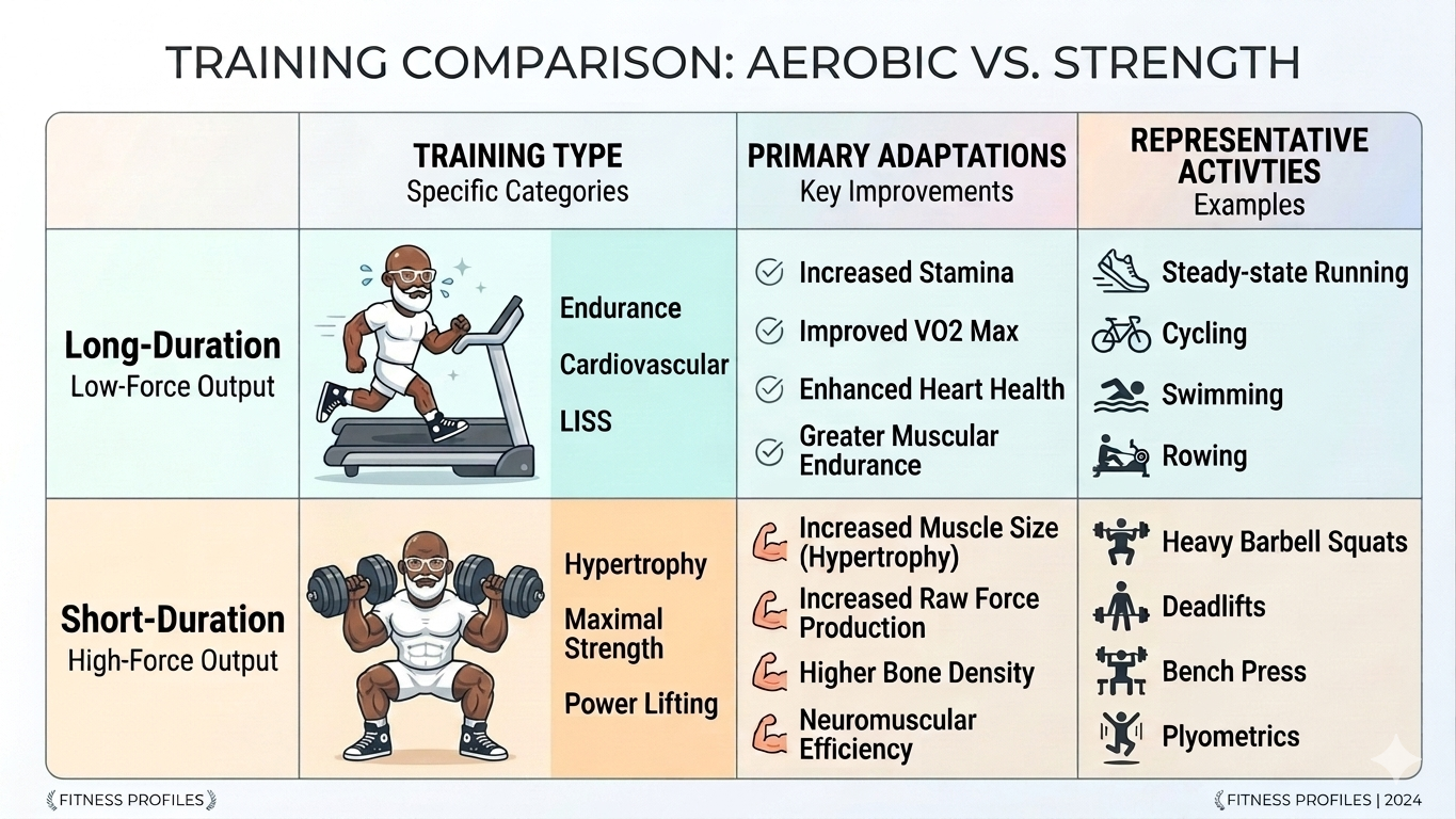 4 Keys to Fitness Results! Comic‑style comparison chart titled “Training Comparison: Aerobic vs. Strength.” The left side shows long‑duration aerobic training with a cartoon figure running on a treadmill and lists adaptations such as increased stamina, improved VO₂ max, and greater muscular endurance, along with activities like steady‑state running, cycling, swimming, and rowing. The right side shows short‑duration strength training with a cartoon figure lifting dumbbells and lists adaptations such as increased muscle size, higher force production, and greater bone density, with activities like squats, deadlifts, bench press, and plyometrics.