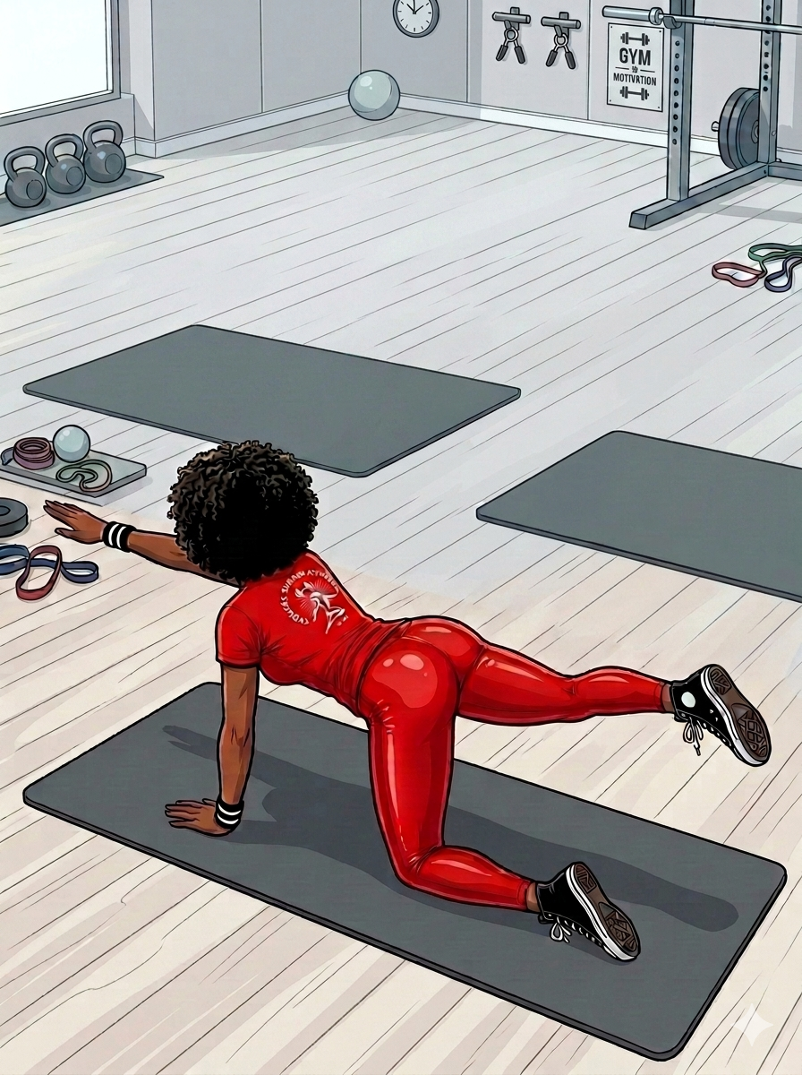 Comic‑style illustration of the Endless Summer Fitness red‑outfit coach performing a Bird Dog on a fitness mat. She is on all fours with one arm extended straight forward and the opposite leg extended straight back, keeping her hips level and spine neutral. The scene is set in a bright fitness studio with simple, clean comic‑book colors.