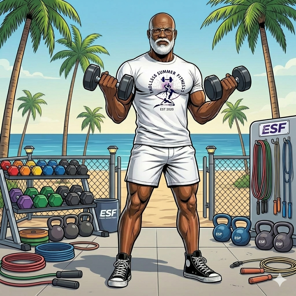 4 Keys to Fitness Results! Comic‑style illustration of a muscular man with a bald head, white beard, and glasses performing dumbbell hammer curls in an outdoor Miami gym. He wears a white Endless Summer Fitness T‑shirt, white shorts, and black high‑top sneakers while holding a dumbbell in each hand with a neutral grip. Palm trees, bright sunlight, and outdoor gym equipment create a vibrant Miami backdrop.