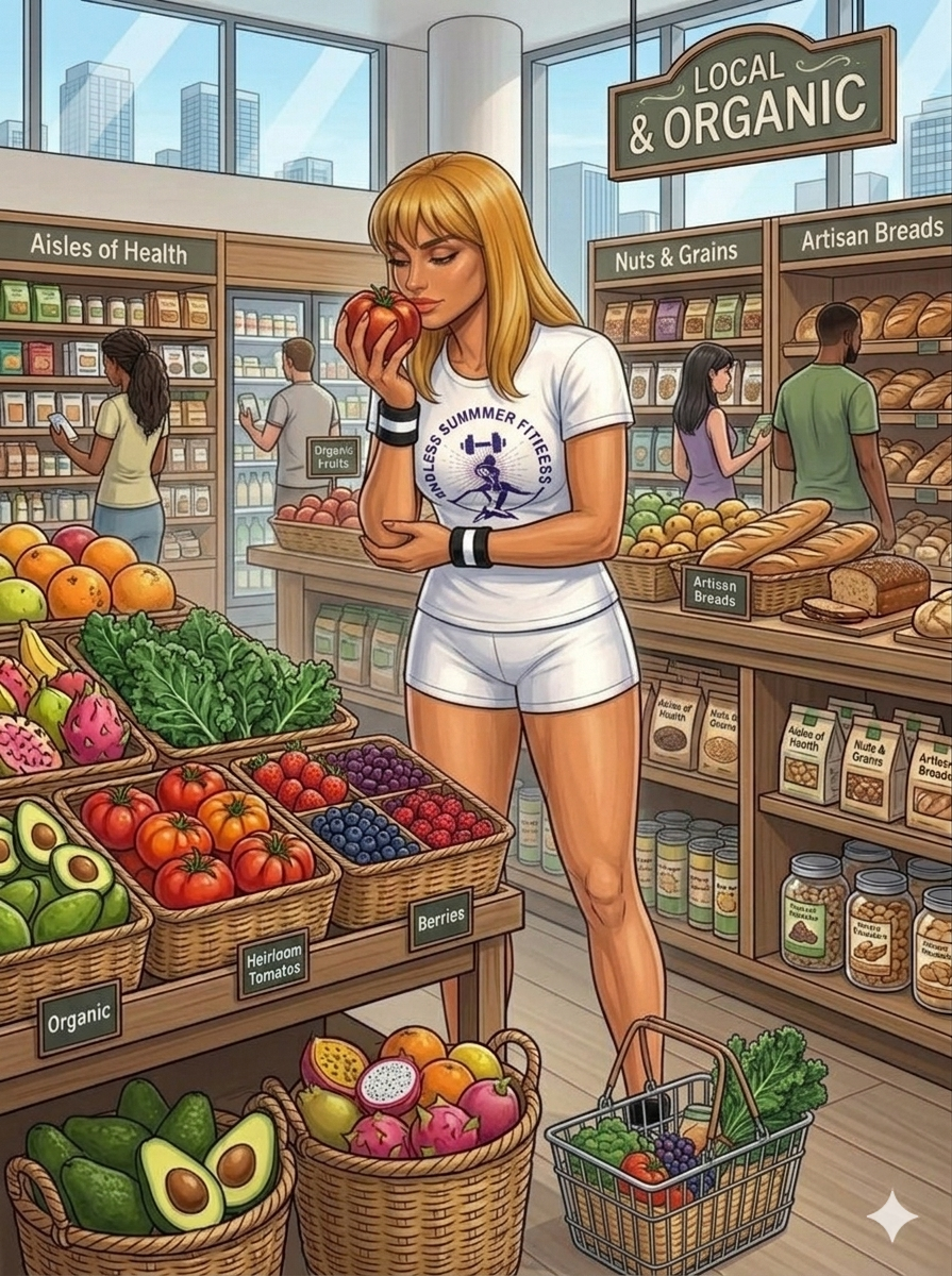 15 Colossal Reasons for Nutrition!. Comic‑style illustration of a woman with blonde hair shopping in a bright organic grocery store. She wears a white Endless Summer Fitness T‑shirt and white shorts while holding and smelling a tomato. A shopping basket filled with leafy greens rests at her side. Surrounding displays feature avocados, tomatoes, berries, and dragon fruit labeled as organic and heirloom. Other shoppers browse aisles labeled “Aisles of Health,” “Nuts & Grains,” and “Artisan Breads,” with large windows revealing tall city buildings outside.