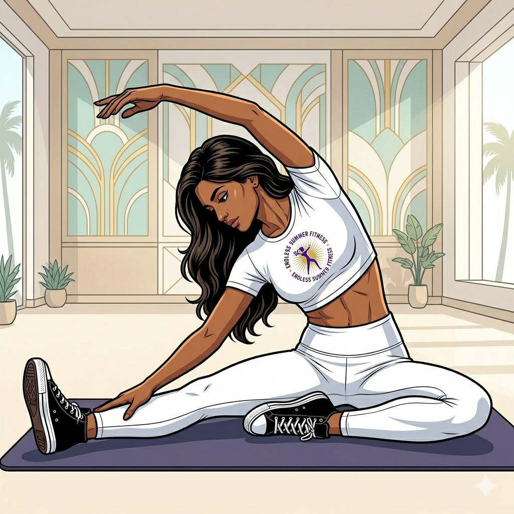 10 Amazing Exercises to Get You Fit. Comic‑style illustration of a fit Indian woman performing a seated full‑body stretch on a yoga mat. One leg is extended forward while the other is bent inward, and she reaches one arm overhead toward her extended foot to create a deep side stretch. She wears a white cropped Endless Summer Fitness T‑shirt, white leggings, and black high‑top sneakers. The background shows a bright Miami‑style indoor studio with soft geometric wall patterns, drawn in vibrant comic‑book colors and clean line art.