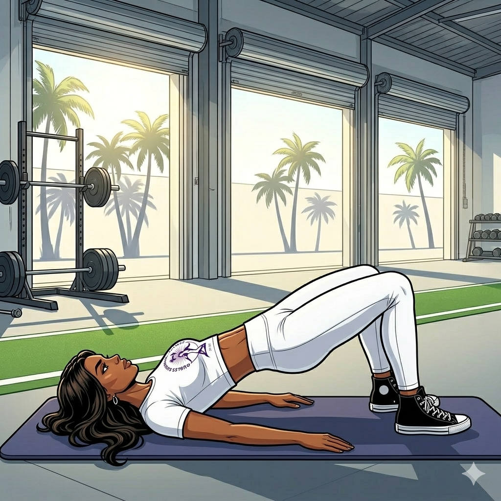 Comic‑style illustration of a woman performing a glute bridge on a yoga mat inside a bright Miami‑style warehouse gym. She wears white athletic clothing and black high‑top sneakers, lifting her hips with knees bent and feet planted. Sunlight streams through large open windows with palm trees visible outside, and gym equipment like barbells and dumbbells sits along the wall in the background.