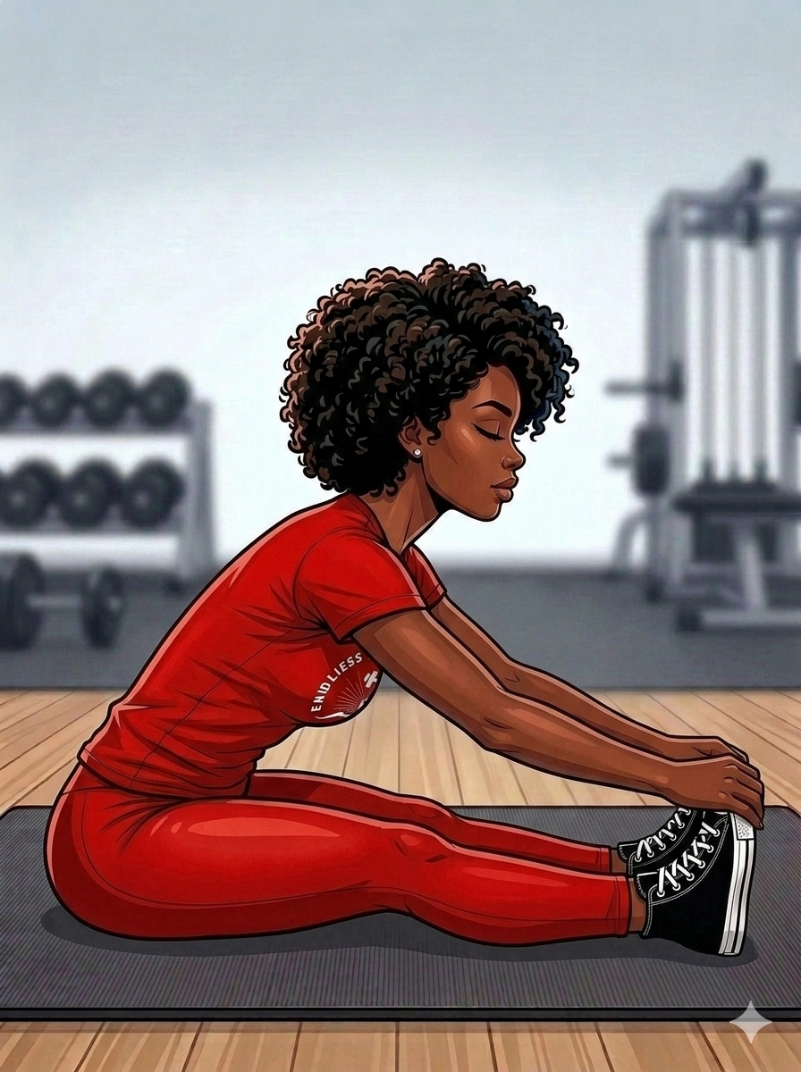 “Athletic woman sitting on a yoga mat in a gym, performing a seated forward fold with legs extended and hands reaching toward her feet. She wears a red Endless Summer Fitness t‑shirt, red leggings, and black sneakers. Gym equipment such as dumbbells and a weight machine are visible in the softly blurred background.”