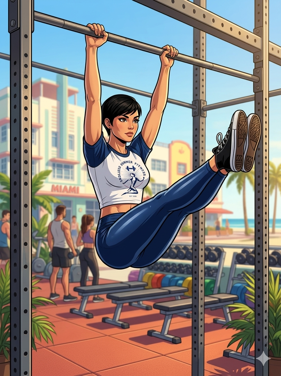 An architectural illustration of a fit woman with short black hair performing a hanging leg raise on a high pull-up bar at a sunny, outdoor Miami beach gym. She is wearing dark blue leggings, black-and-white high-top sneakers, and a white raglan t-shirt with blue sleeves featuring an "Endless Summer Fitness" logo. In the background, Art Deco buildings, palm trees, and other gym-goers are visible under a bright sky.