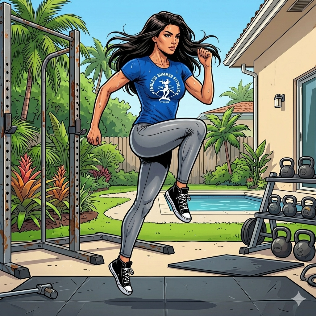 Comic-style illustration of a muscular woman with long black hair doing high-knee exercises in a Miami backyard gym. She is wearing a blue t-shirt with a fitness logo, grey leggings, and black high-top sneakers. The background features a swimming pool, palm trees, a squat rack, and kettlebells.