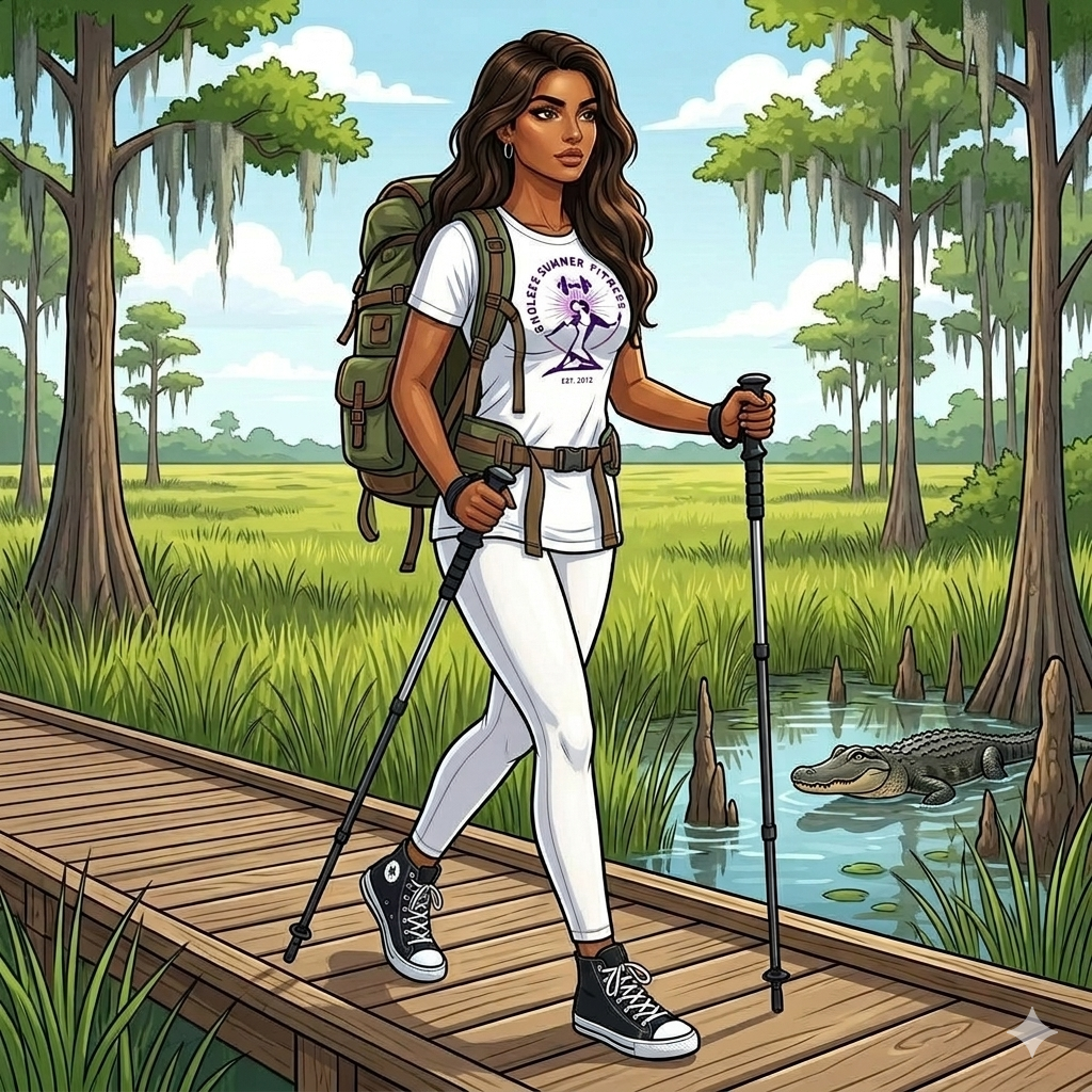 Comic‑style illustration of an athletic woman hiking on a wooden boardwalk through a swampy wetland. She wears a white “Chloe’s Summer Fitness” T‑shirt, white pants, black sneakers, and carries a large green backpack while using two trekking poles. Tall trees with hanging moss surround the boardwalk, and an alligator is partially submerged in the water nearby.