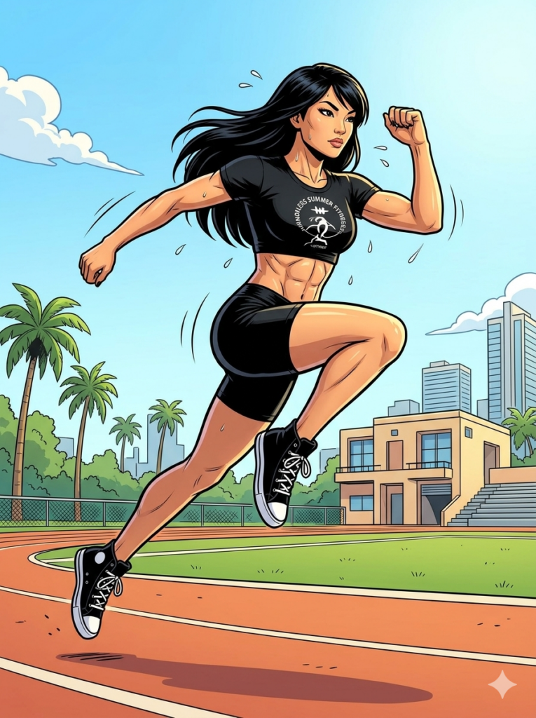 Comic‑style illustration of an athletic East Asian woman with long black hair performing a skater jump. She wears a black “Endless Summer Fitness” crop top, black leggings, and black high‑top sneakers. She leaps sideways and lands on her outer foot with a slight knee bend, while her opposite leg sweeps behind her like a speed skater. Her arms swing naturally across her body for balance. The scene is set outdoors at the sunny Flamingo Park athletic track, drawn in vibrant comic‑book colors and line art.