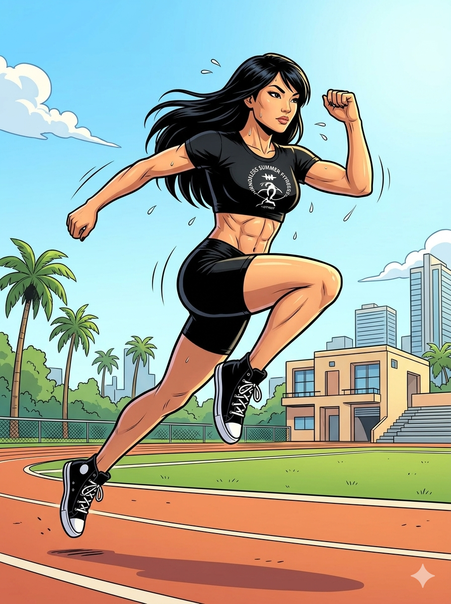 Comic‑style illustration of an athletic East Asian woman with long black hair performing a skater jump. She wears a black “Endless Summer Fitness” crop top, black leggings, and black high‑top sneakers. She leaps sideways and lands on her outer foot with a slight knee bend, while her opposite leg sweeps behind her like a speed skater. Her arms swing naturally across her body for balance. The scene is set outdoors at the sunny Flamingo Park athletic track, drawn in vibrant comic‑book colors and line art.