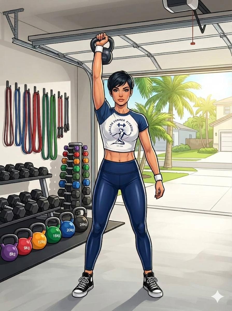 Kettlebell One-arm Overhead Press. “Athletic woman performing a single‑arm kettlebell overhead press inside a Miami home garage gym with the door open. She wears a black Endless Summer Fitness crop top with the logo, black leggings, and black sneakers. Behind her are neatly organized resistance bands on wall hooks, color‑coded dumbbells on a rack, and color‑coded kettlebells on the floor, with bright Miami daylight coming through the open garage.”