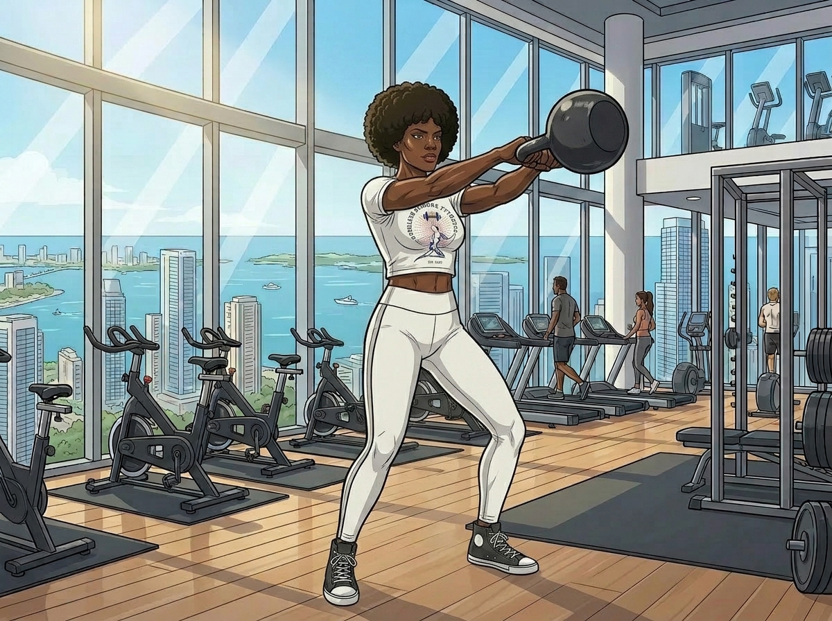 You Need 5 Days to Get Fit. A woman performing a kettlebell swing inside a Miami gym.