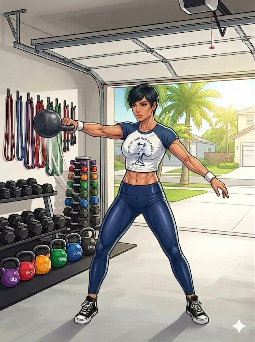 Kettlebell One-arm Swings “Athletic woman with short black hair performing a single‑arm kettlebell swing in a Miami home garage gym with the door open. She wears a black Endless Summer Fitness crop top with the logo, black leggings, and black sneakers. Behind her are neatly organized resistance bands on wall hooks, color‑coded dumbbells on a rack, and color‑coded kettlebells on the floor, with bright Miami daylight coming through the open garage.”