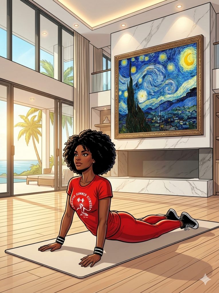 Comic book style illustration of a Black woman with an afro hairstyle doing a prone back extension exercise on a yoga mat. She is wearing a red t-shirt with a white "Endless Summer Fitness" logo, red leggings, black-and-white wristbands, and black sneakers. She is inside a luxury Miami mansion living room with floor-to-ceiling windows showing palm trees and the ocean. A large, framed reproduction of Vincent van Gogh's "The Starry Night" hangs on a marble wall above a modern fireplace.