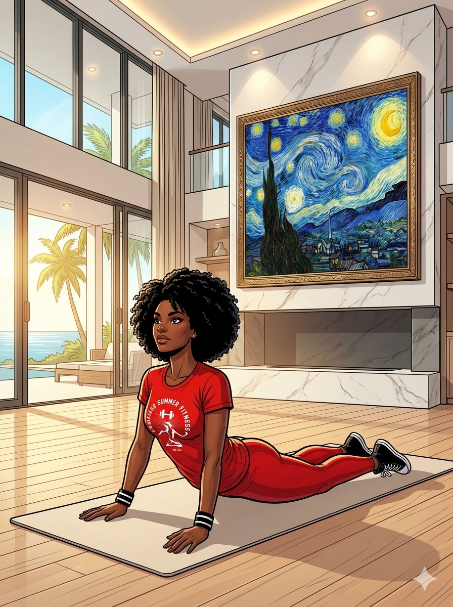 Comic book style illustration of a Black woman with an afro hairstyle doing a prone back extension exercise on a yoga mat. She is wearing a red t-shirt with a white "Endless Summer Fitness" logo, red leggings, black-and-white wristbands, and black sneakers. She is inside a luxury Miami mansion living room with floor-to-ceiling windows showing palm trees and the ocean. A large, framed reproduction of Vincent van Gogh's "The Starry Night" hangs on a marble wall above a modern fireplace.