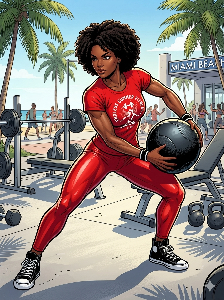 An vector-style illustration of a muscular Black woman with curly afro hair working out at a sunny outdoor gym in Miami Beach. She is wearing a bright red t-shirt with a white "Endless Summer Fitness" logo, matching shiny red leggings, and black high-top sneakers. She is captured mid-movement in a side-lunge stance, holding a heavy black medicine ball to perform a chop and lift exercise. The background features palm trees, weights, workout benches, and other gym-goers near a "Miami Beach" gym building under a clear blue sky.