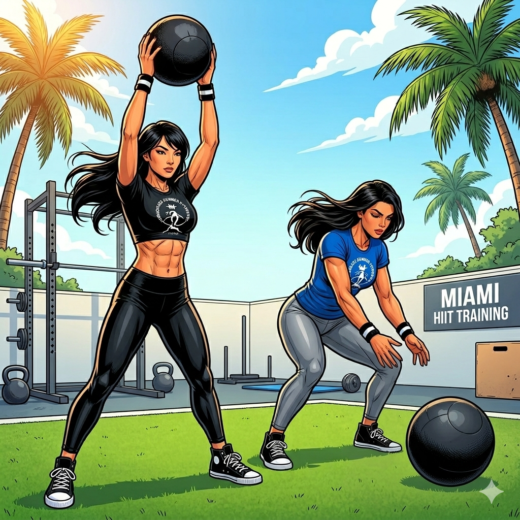 7 HIIT Benefits! Gets Results Now! Comic‑style illustration of two athletic female coaches performing a slam‑ball HIIT exercise on outdoor turf in bright Miami sunlight. One coach, wearing a black crop top and black leggings, lifts a slam ball overhead with arms fully extended. The other coach, wearing a blue Endless Summer Fitness T‑shirt and gray leggings, is mid‑slam with the ball driving downward. Palm trees and minimal outdoor gym equipment frame the energetic scene.