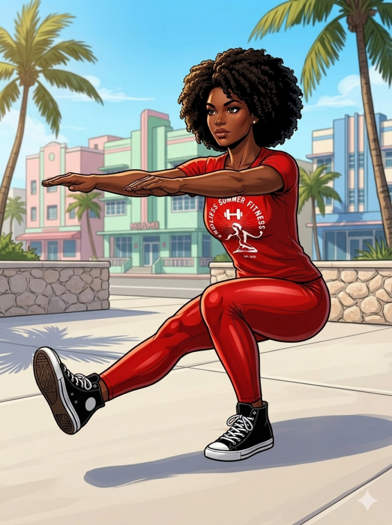 A vector-style comic book illustration of a fit Black woman with voluminous, curly afro hair performing a pistol squat outdoors in Miami. She is wearing a bright red t-shirt with a circular white "Endless Summer Fitness" logo, glossy red athletic leggings, and black high-top sneakers with white laces. Her arms are extended straight forward for balance as she balances perfectly on her left leg, with her right leg extended straight out in front. The background features bright pastel Art Deco buildings, tall palm trees, stone borders, and a clear blue sky.