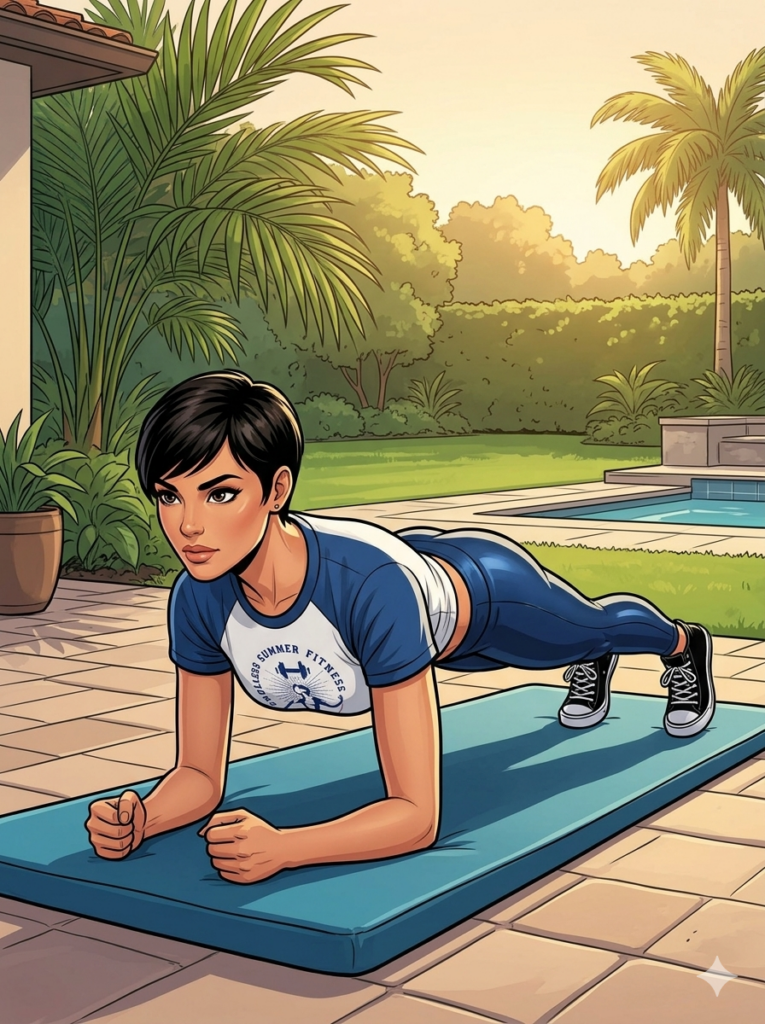 An illustration of a fit woman with short black hair holding a forearm plank on a blue exercise mat. She wears a blue and white t-shirt featuring an 'Endless Summer Fitness' logo, tight blue leggings, and black high-top sneakers. The setting is a sunny Miami backyard gym with a swimming pool, green lawn, and tropical palm trees in the background.