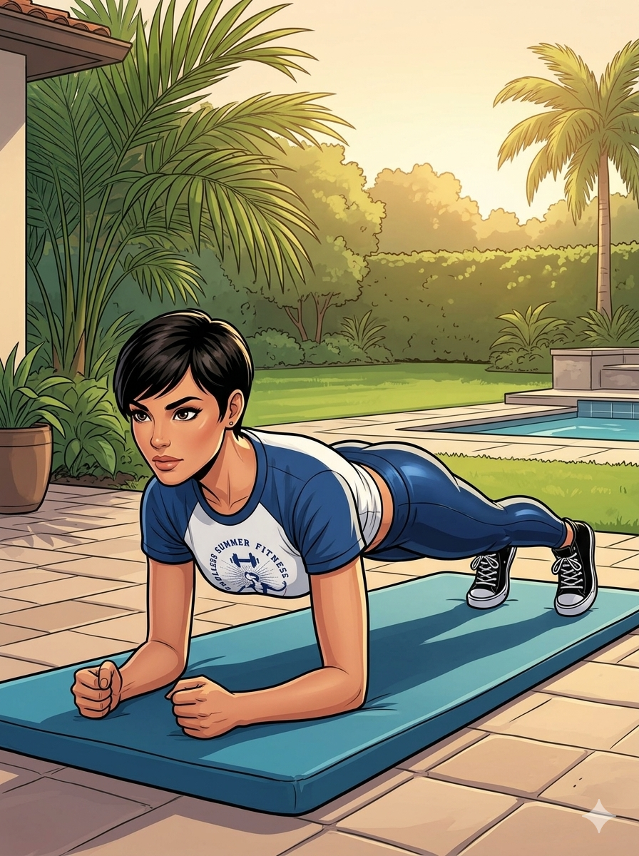An illustration of a fit woman with short black hair holding a forearm plank on a blue exercise mat. She wears a blue and white t-shirt featuring an 'Endless Summer Fitness' logo, tight blue leggings, and black high-top sneakers. The setting is a sunny Miami backyard gym with a swimming pool, green lawn, and tropical palm trees in the background.