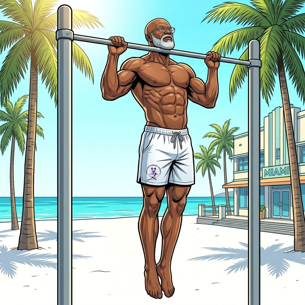 Comic‑style illustration of the Endless Summer Fitness over‑40 male coach performing a chin‑up at Muscle Beach in South Beach, Miami. He is bald with a gray beard and glasses, shirtless and barefoot, wearing white ESF shorts. His chin and head rise clearly above a high pull‑up bar set nine feet off the ground. Palm trees, sand, and bright Miami sunlight fill the background in vibrant comic‑book colors.