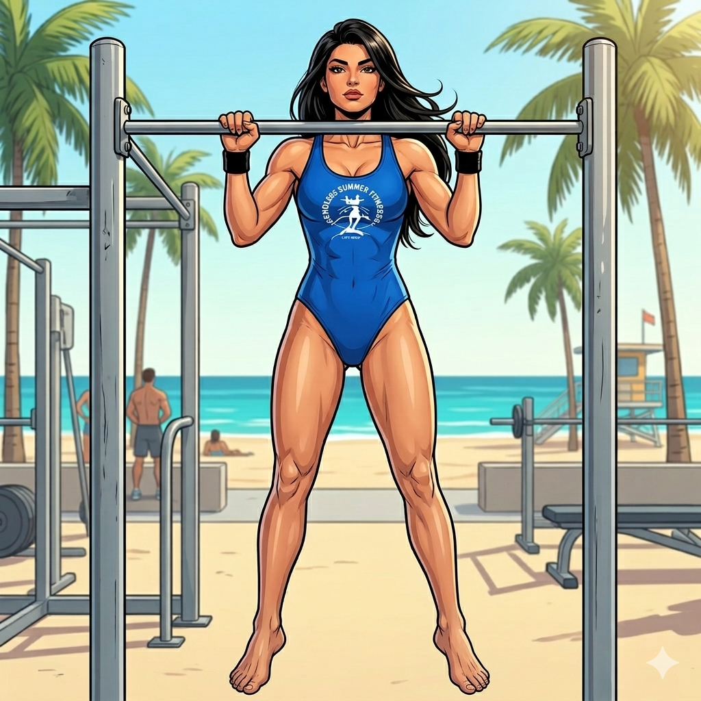 Add pull-ups into your fitness and watch Your results soar. Comic‑style illustration of a fit woman with long dark hair performing a chin‑up at Muscle Beach in South Beach, Miami. She wears a blue one‑piece bathing suit featuring the round Endless Summer Fitness logo, along with black wristbands and black high‑top sneakers. Her chin rises clearly above the pull‑up bar as she completes the rep. Palm trees, sand, and bright Miami sunlight fill the background in vibrant comic‑book colors.