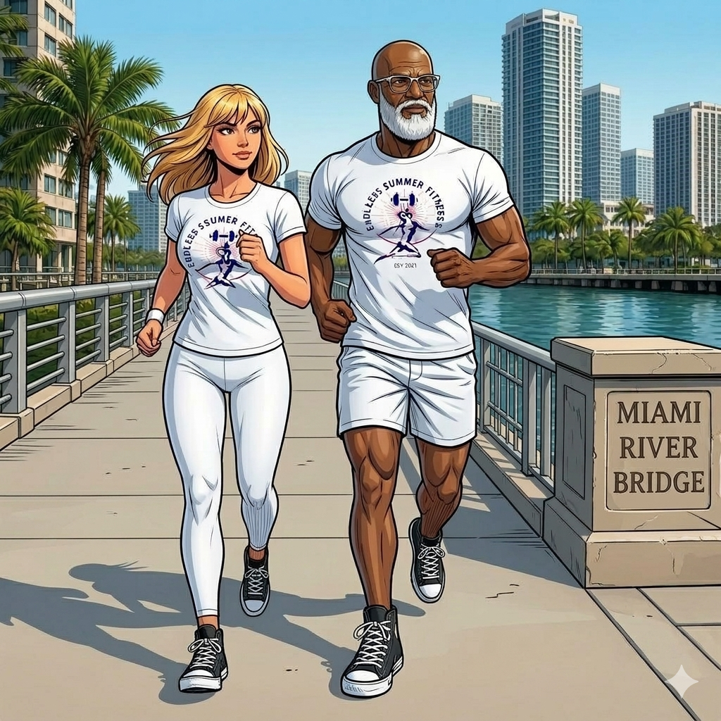How to Get Your Sexy Beach Body! Comic‑style illustration of two athletic people jogging side‑by‑side across the Miami River Bridge. They wear matching white Endless Summer Fitness outfits and black sneakers as they run along the waterfront promenade. Tall buildings, palm trees, and calm water frame the bright, sunny Miami backdrop.