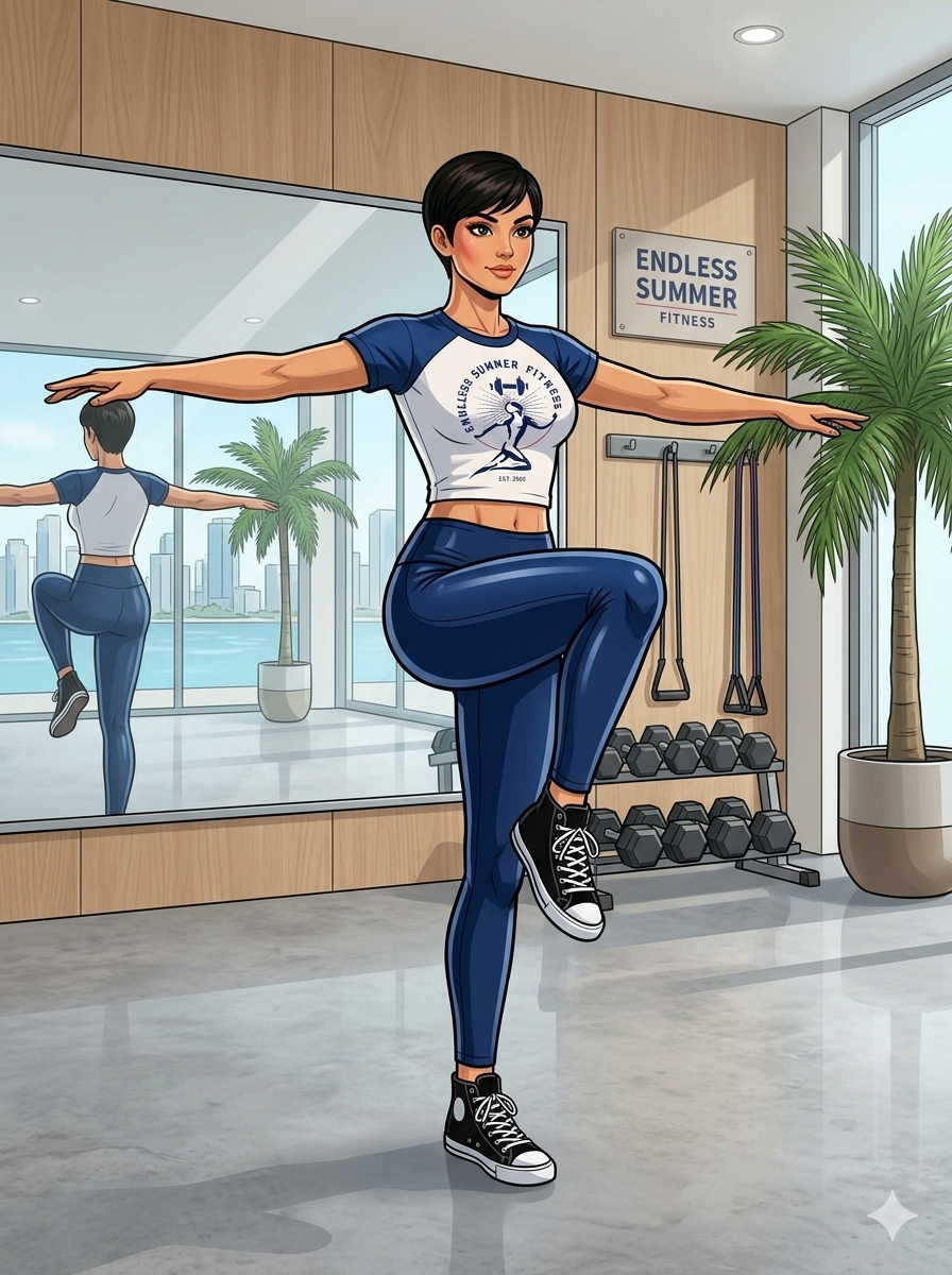 An animation-style illustration of a woman with short dark hair in a bright, modern Miami home gym with floor-to-ceiling windows overlooking a coastal city skyline. She is performing a single-leg balance exercise, standing firmly on her right leg while her left knee is bent upward at a 90-degree angle. Her arms are extended straight out to her sides for stability. She is wearing a white and navy blue short-sleeve crop top featuring an "Endless Summer Fitness" logo, glossy dark blue leggings, and black high-top sneakers. In the background, a large wall mirror reflects her from behind, alongside fitness equipment like dumbbells, resistance bands, a potted palm tree, and wooden wall