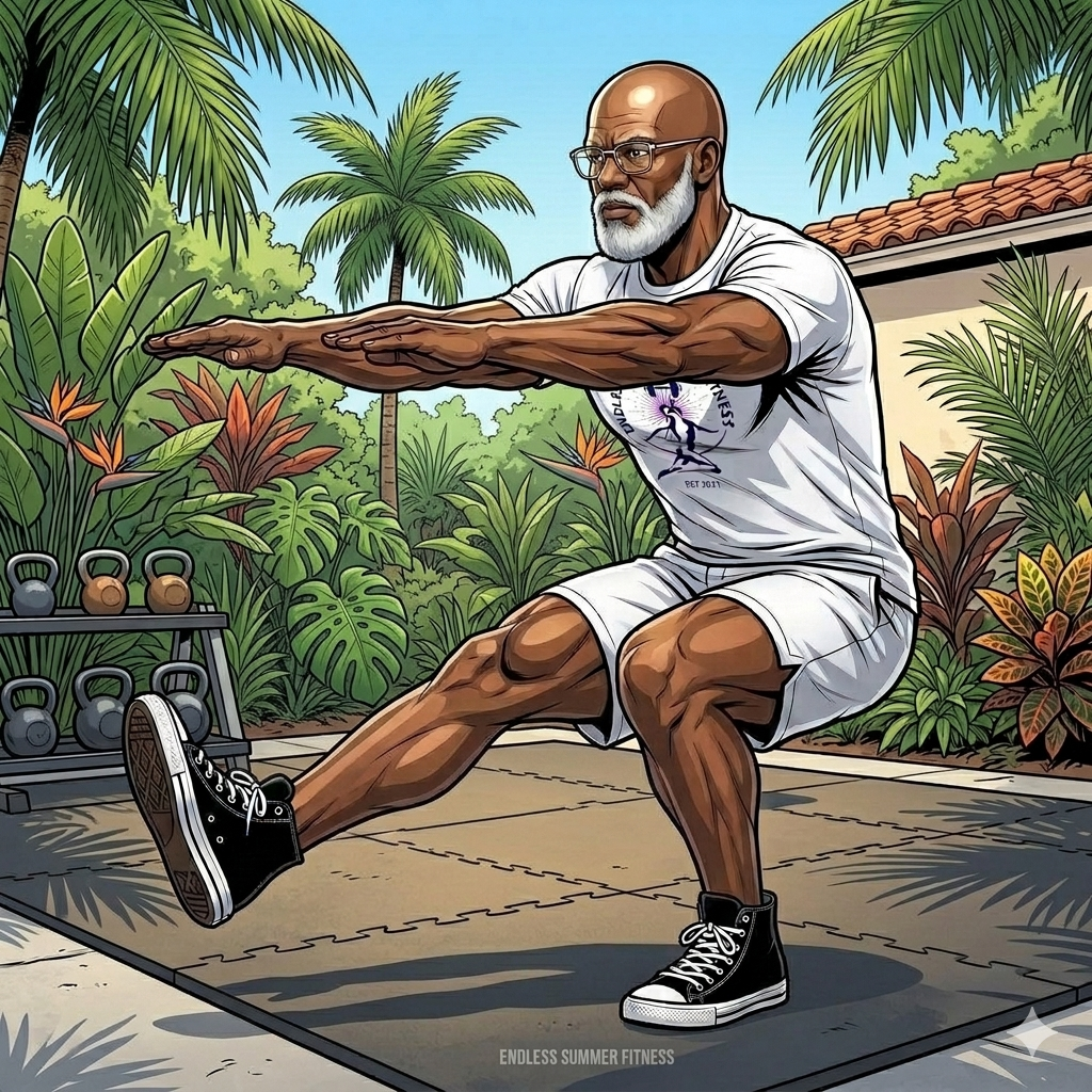 Comic‑style illustration of the Endless Summer Fitness over‑40 male coach performing a controlled single‑leg squat. He is bald with a gray beard and glasses, wearing a white ESF T‑shirt, white ESF shorts, and black high‑top sneakers. He balances on one leg with the opposite leg extended straight forward, arms reaching out for stability, and his torso leaning slightly forward in proper pistol‑squat form. The scene is set outdoors in a bright Miami environment, drawn in vibrant comic‑book colors and clean line art.