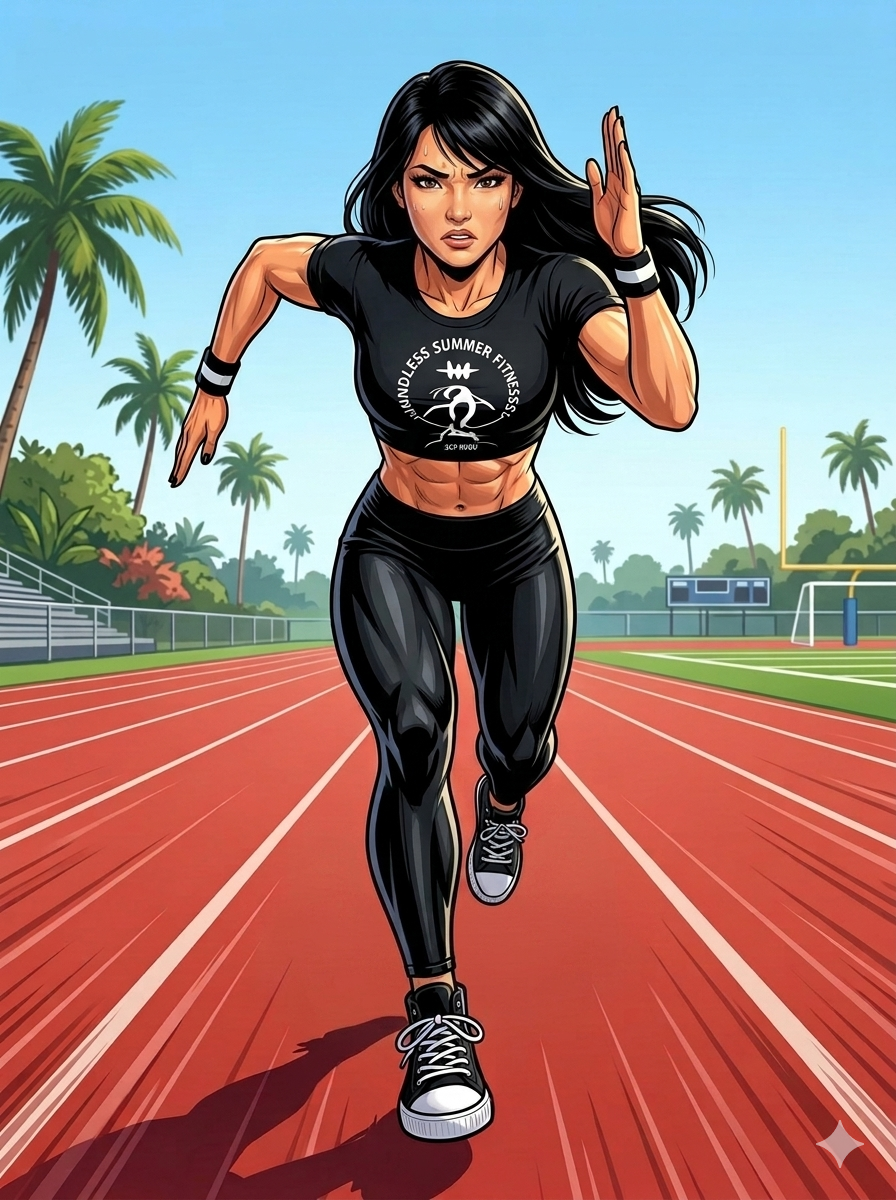 “Athletic woman with long black hair smiling directly at the camera while standing on a sunny Miami track. She wears a black crop top featuring the Endless Summer Fitness logo, black leggings, wristbands, and black sneakers, with palm trees and red track lanes in the background.”