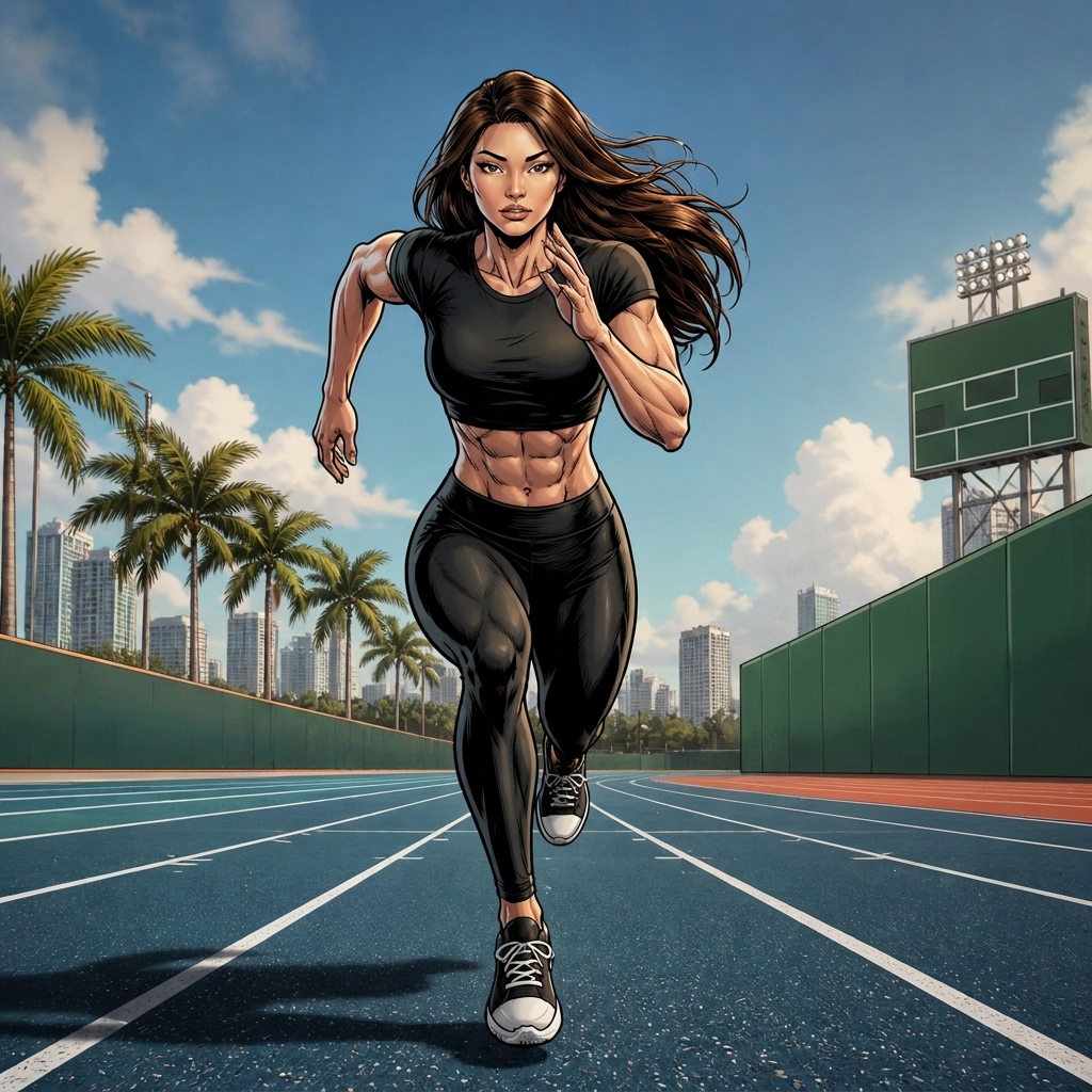 An athlete sprinting down a Miami athletic track.