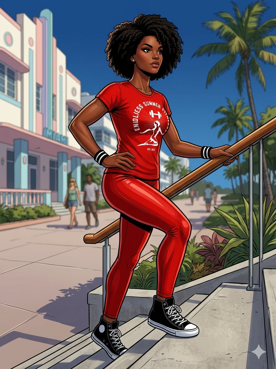 An illustration of a Black woman with curly afro hair slowly climbing outdoor concrete stairs in Miami. She is wearing a red t-shirt with a white "Endless Summer Fitness" logo, shiny red leggings, and black high-top sneakers. She holds onto a wooden handrail for support during her physical therapy recovery. The sunny background shows an Art Deco building, palm trees, and pedestrians.