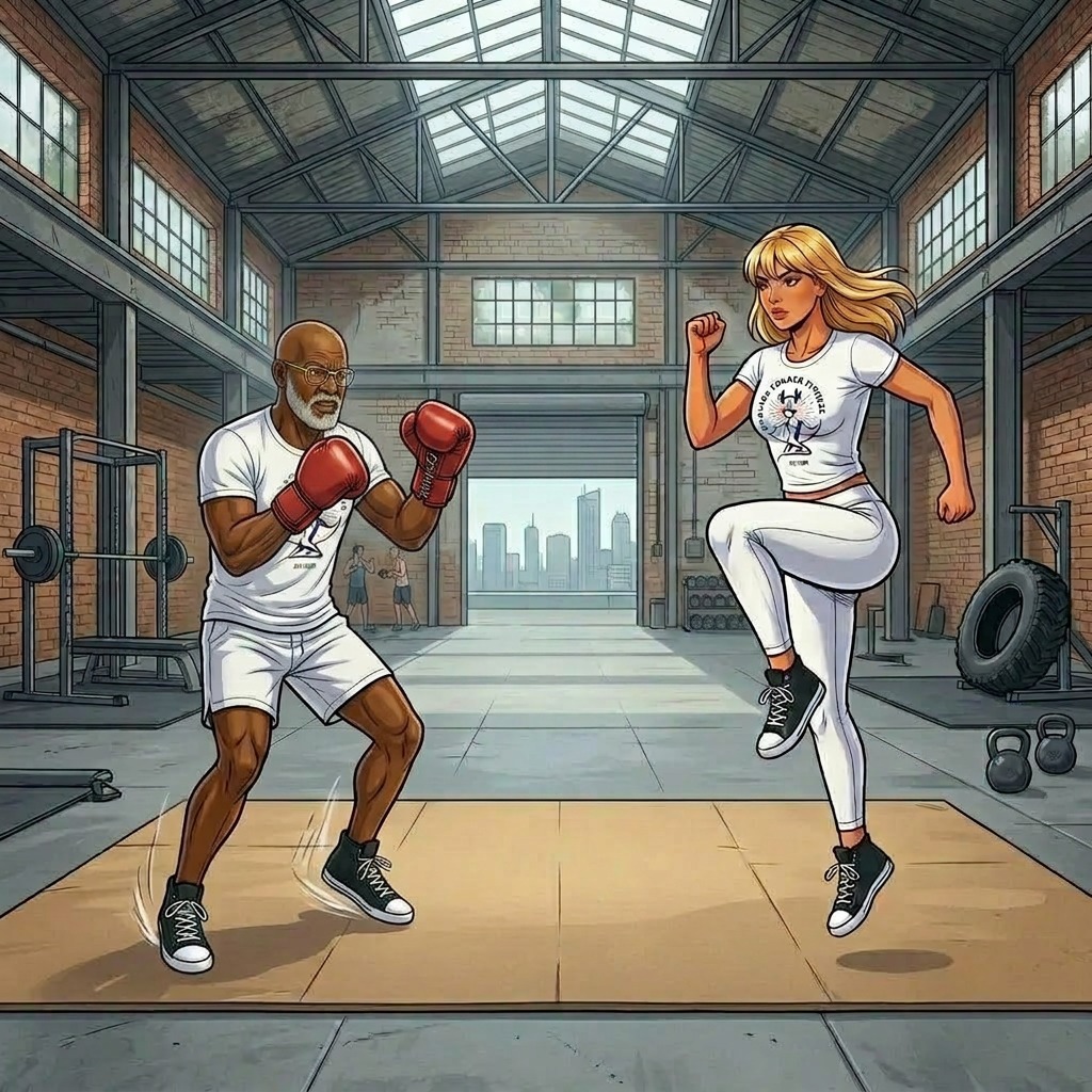 Exercises We Love, to Burn Calories. Two athletes shadow boxing and doing plyometrics skip jumps in a Miami warehouse gym. 