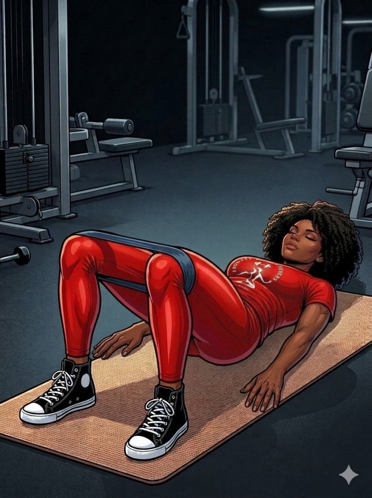 5 Moves to Relieve a Sore Back Now!. Athletic Latina woman in a red Endless Summer Fitness outfit performing a glute bridge with a resistance band around her thighs on a gym mat, with strength machines and benches in the background.