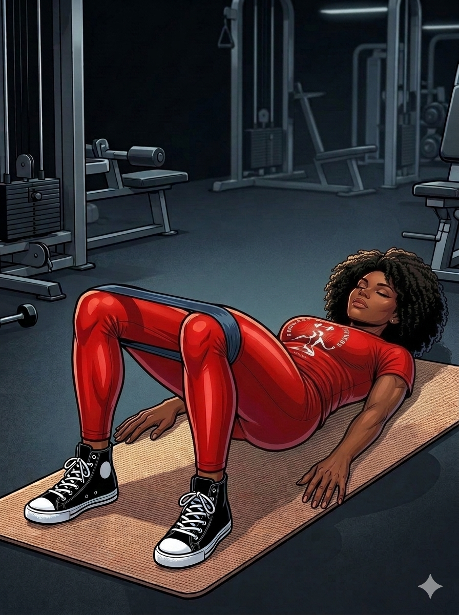 5 Moves to Relieve a Sore Back Now!. Athletic Latina woman in a red Endless Summer Fitness outfit performing a glute bridge with a resistance band around her thighs on a gym mat, with strength machines and benches in the background.