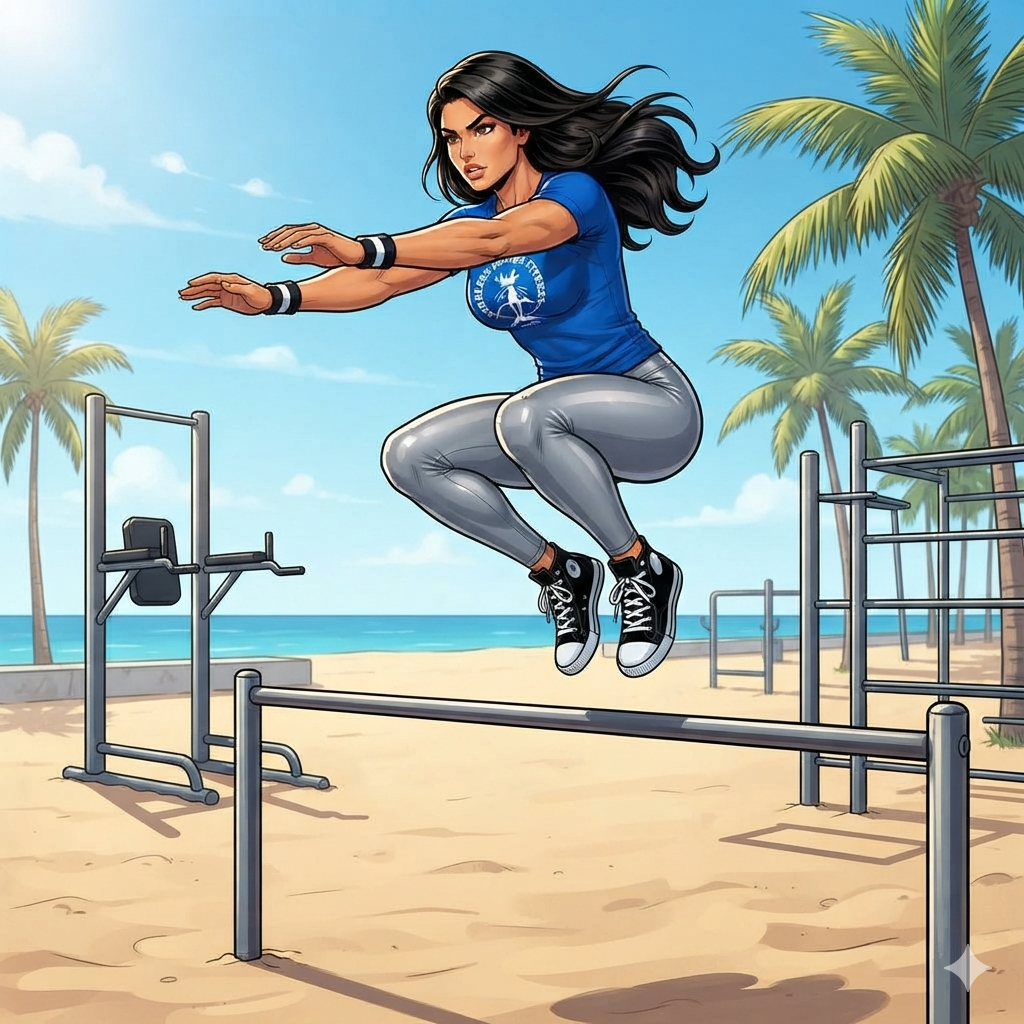 Athletic person jumping over a horizontal bar on a beachside outdoor fitness area, captured mid‑air with knees bent and arms extended forward, with palm trees, blue sky, and ocean in the background.