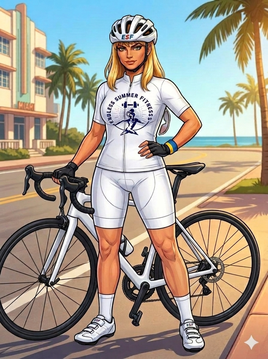 Blonde ESF coach standing confidently in a white Endless Summer Fitness T‑shirt and white leggings against a black background, hands on hips, wearing black high‑top sneakers and blue wristbands.