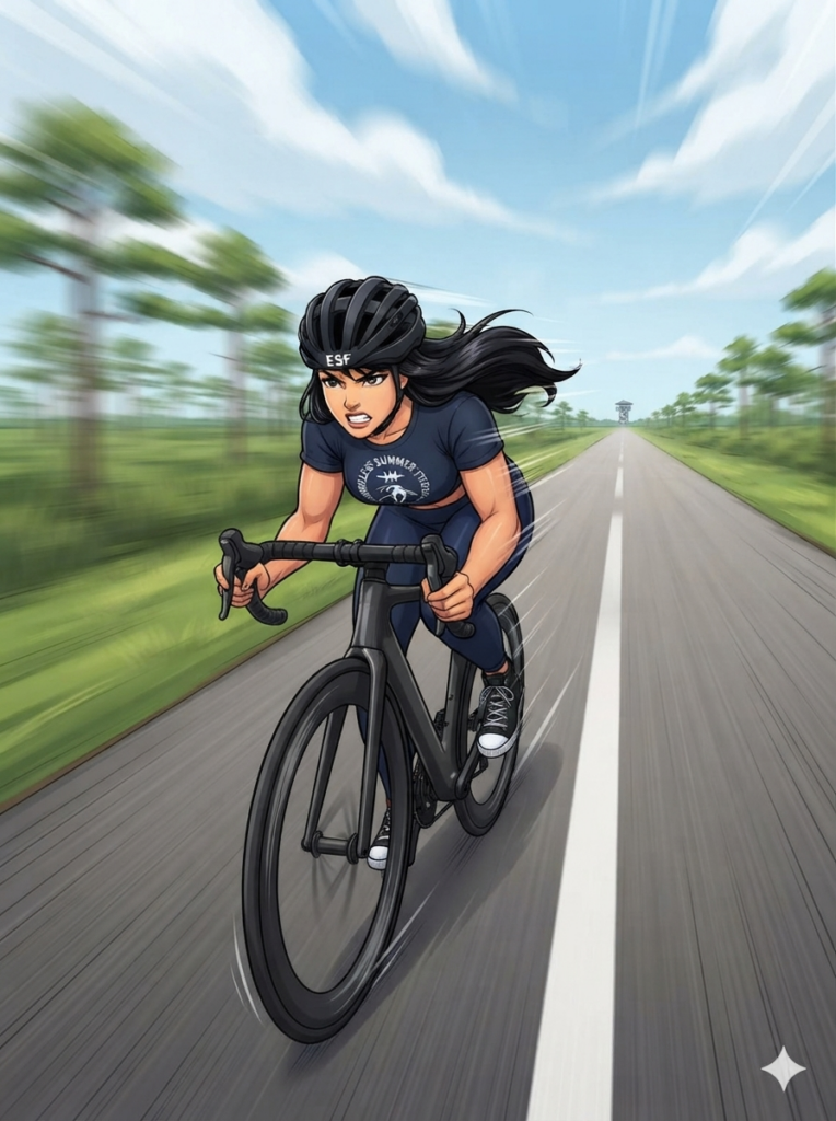 Cyclist riding at high speed on a road surrounded by greenery, wearing an ESF‑branded helmet and dark athletic gear, with motion blur in the background emphasizing speed and movement under a bright blue sky.