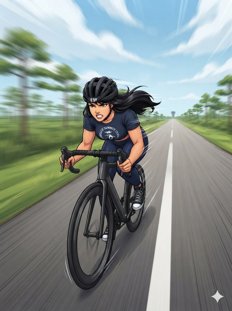 Cyclist riding at high speed on a road surrounded by greenery, wearing an ESF‑branded helmet and dark athletic gear, with motion blur in the background emphasizing speed and movement under a bright blue sky.