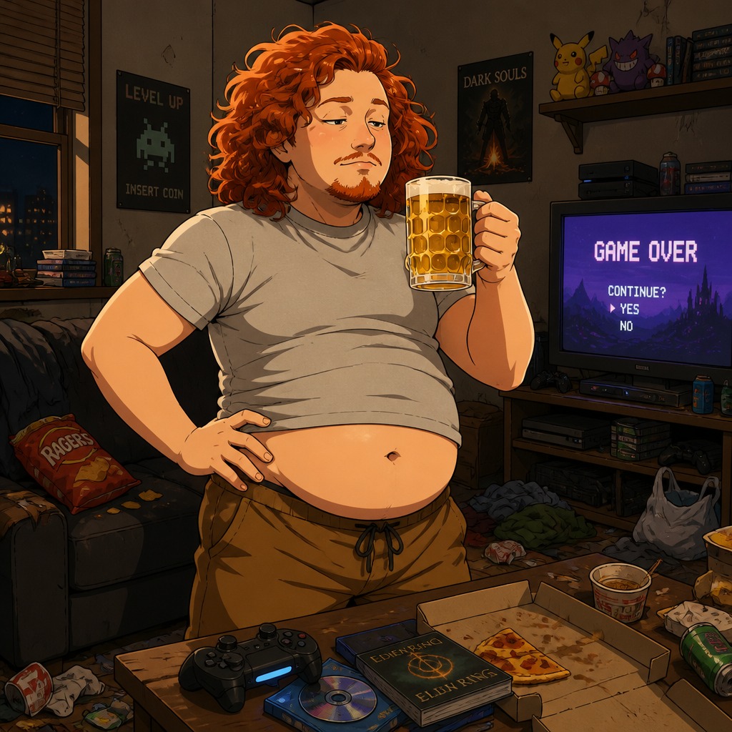 When You Feel Lazy, Workout Anyway. Lazy man alone in his room drinking beer and playing games instead of working out.