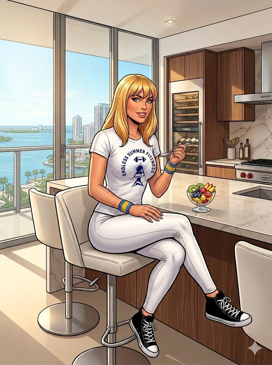 An image of a blonde woman in an athletic outfit sitting at a marble kitchen island inside a luxury Miami high-rise condo. She is wearing a white T-shirt with an "Endless Summer Fitness" logo, white leggings, and black high-top sneakers. Her left hand rests on her lap while her right hand holds a spoon near a small, colorful bowl of fresh fruit. Large floor-to-ceiling windows behind her reveal a scenic, sunny view of the Miami waterfront and skyline.
