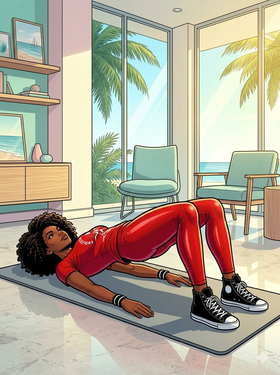 Person performing a glute bridge on a yoga mat inside a bright coastal-style living room with floor‑to‑ceiling windows, ocean views, modern chairs, and soft natural lighting.