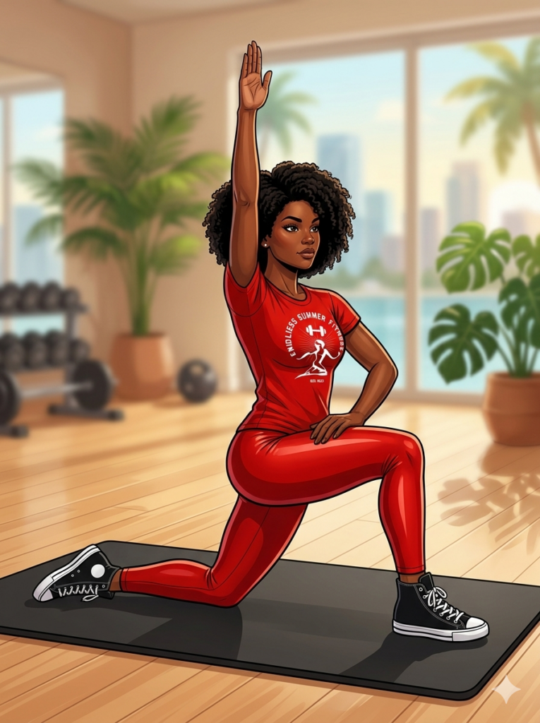 ESF female coach in a bright red uniform performing a kneeling lunge stretch on a black mat inside a sunny Miami-style gym, with one arm raised overhead and city and water views visible through large windows.