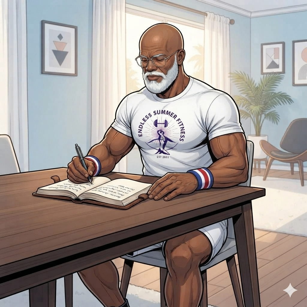 Older ESF male coach with a bald head, white beard, and glasses sitting at a wooden table, writing in an open journal inside a calm Miami-style room with light blue walls and framed artwork.