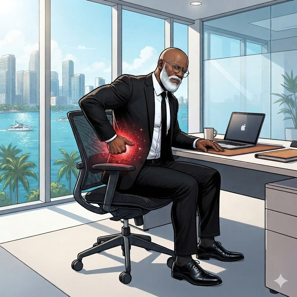Person in a black suit sitting in an office chair at a desk, holding their lower back with a glowing red pain area, inside a bright waterfront office with large windows overlooking a city skyline and palm trees.