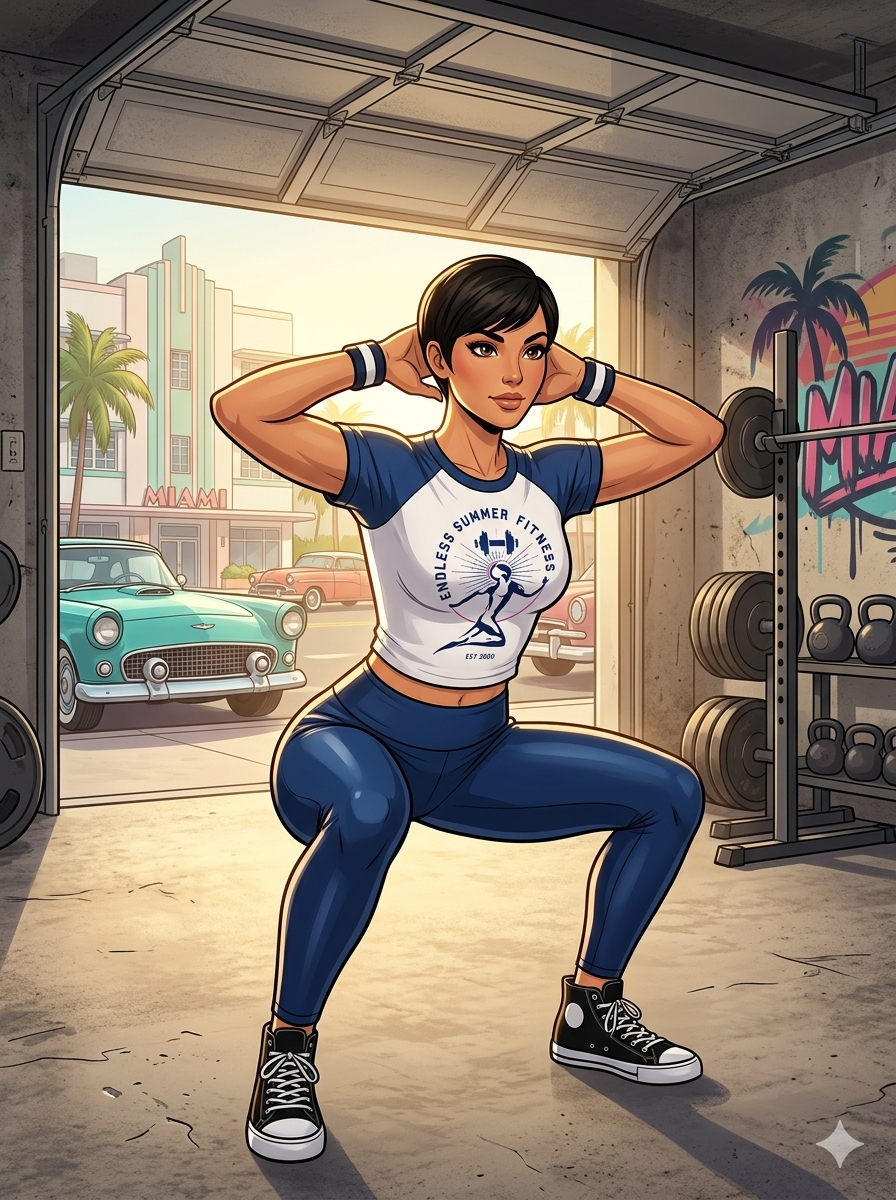 An architectural illustration of a fit woman with short black hair performing a prisoner squat inside a garage gym with its large door rolled completely open. She is holding her hands behind her head, wearing blue leggings, black-and-white high-top sneakers, and a white raglan t-shirt with blue sleeves featuring an "Endless Summer Fitness" logo. Visible outside the garage is a sunny Miami street with classic cars and Art Deco buildings, while the garage interior features weight plates, kettlebells, and a pink neon "Miami" sign on the wall.