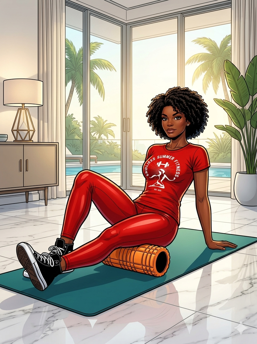 5 Reasons Why You Need to Foam Roll. Athletic Latina woman in a red Endless Summer Fitness outfit foam‑rolling her hamstrings on an orange roller inside a bright luxury Miami home with marble floors, large glass doors, and a pool with palm trees outside.