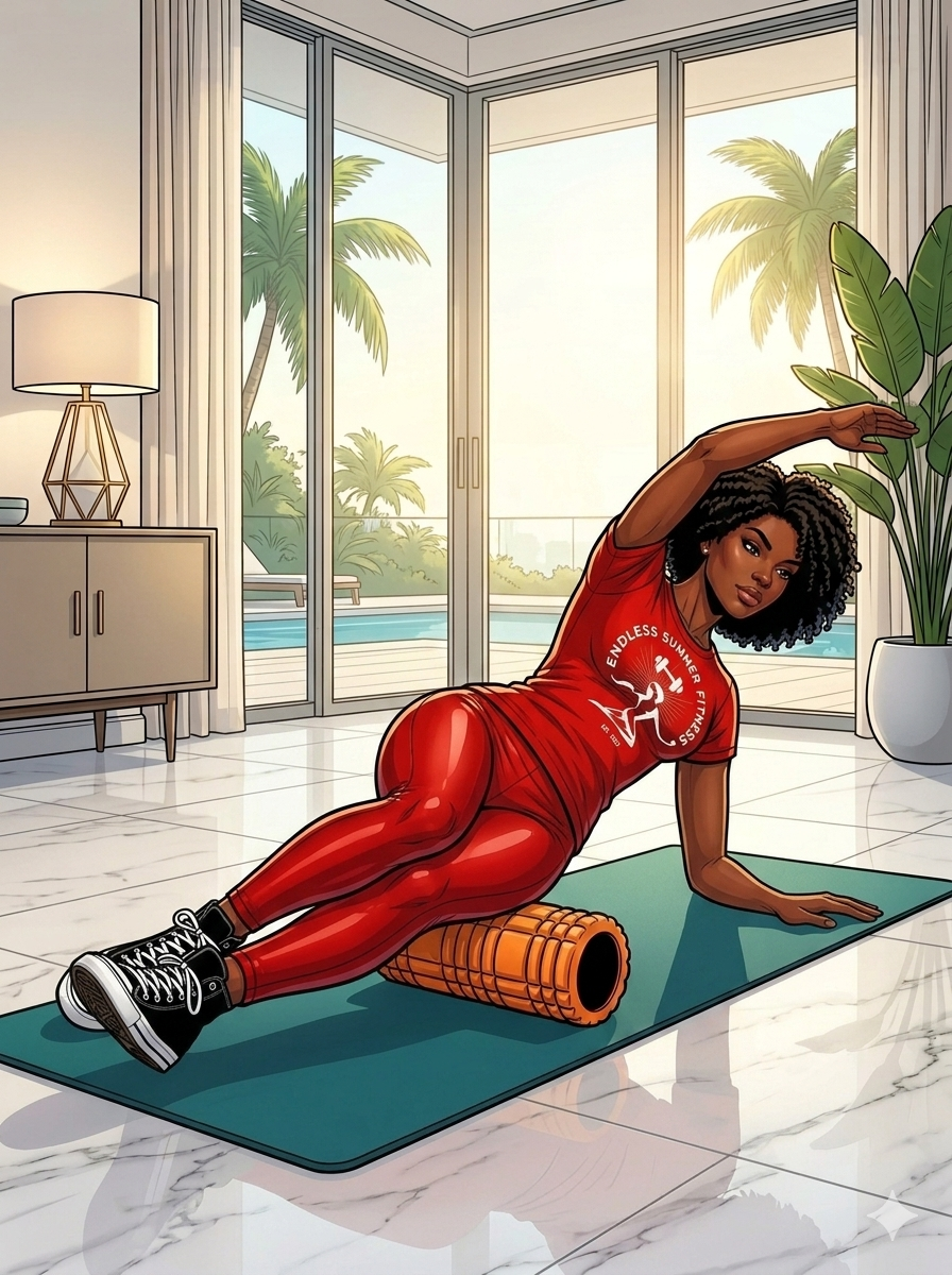 5 Reasons Why You Need to Foam Roll. Athletic Latina woman in a red Endless Summer Fitness outfit foam‑rolling her outer thigh on an orange roller inside a luxury Miami home with marble floors, large glass doors, and a pool with palm trees outside.