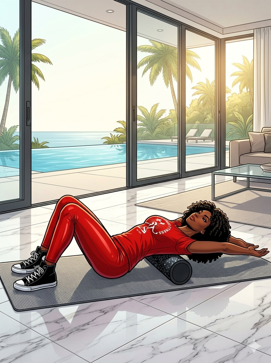 5 Moves to Relieve a Sore Back Now! Athletic woman lying on a mat performing a thoracic extension with a foam roller under her upper back, knees bent and arms reaching overhead, in a modern indoor workout space with a plant and small table in the background.